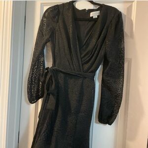 Elegant Black Wrap long sleeve maxi Dress w/ slit and plunge neckline